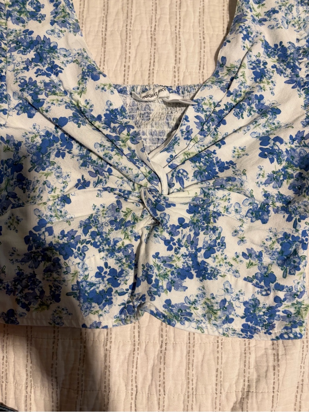 White & Blue Floral Twist-Front Crop Top